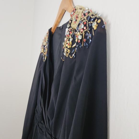 NEW Ieena For Mac Duggal Black Embellished Bead Shoulder Blouson Sleeve Gown - Picture 7 of 14